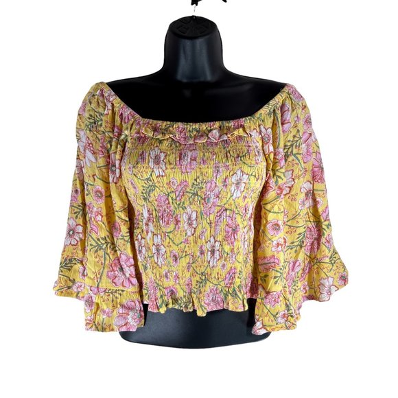 BILLABONG Be My Babe Crop Top Sz L Yellow Floral Bell Sleeve Square Neck Viscose - Picture 9 of 11